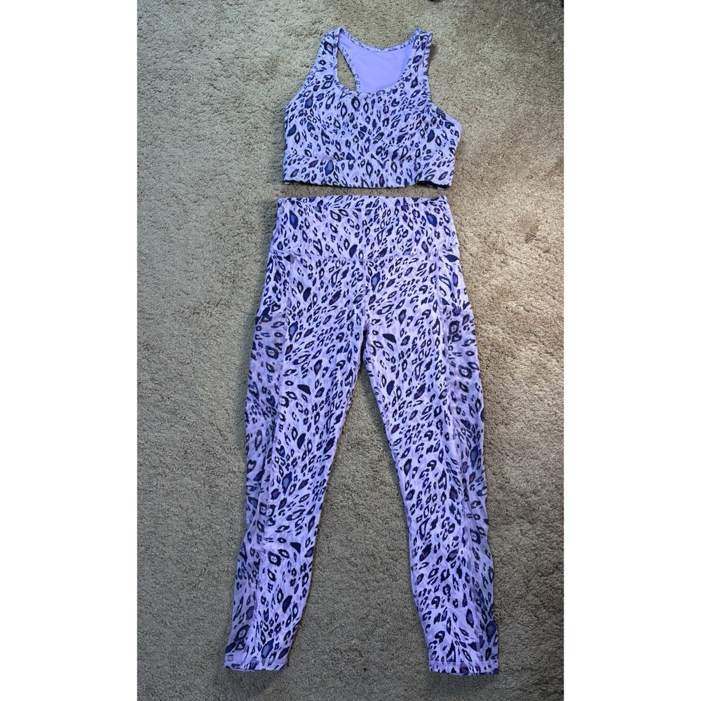 Fabletics Powerhold 2 Piece Set Small Purple Glam Leopard Sports Bra Leggings